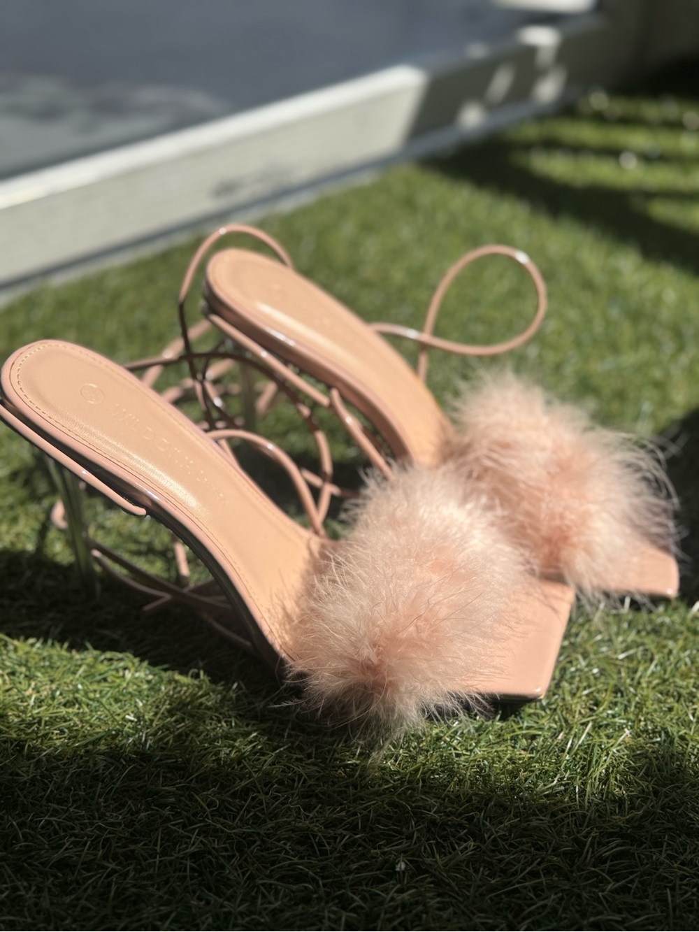 Olivia James Nude Feather Tan Strappy Heels Size 8.5